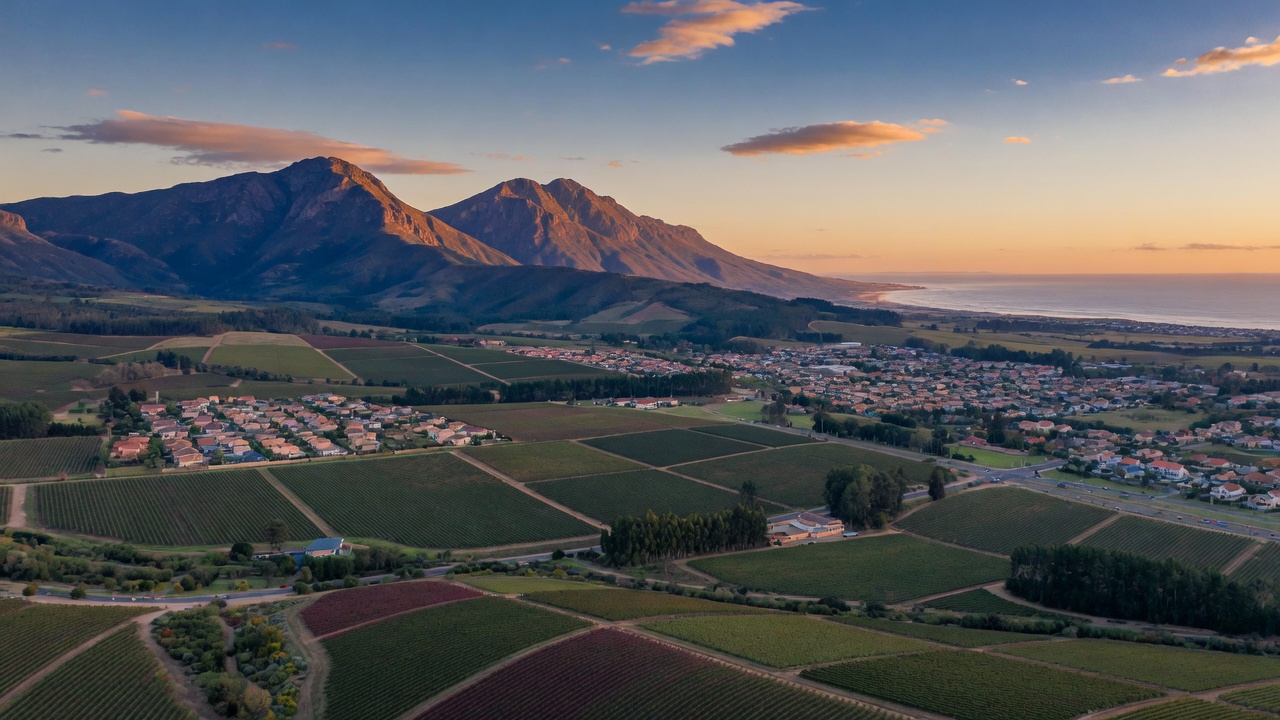 Aerial view over Helderberg farmland and mountains
